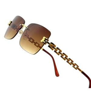 Rimless Sunglasses Gold Chain Link Arms Brown‎ Lens Fashion Sun Glasses